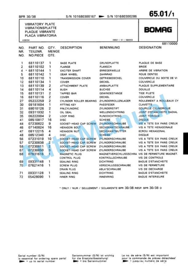 Bomag BPR 30-38, BPR 35-38 Vibratory Plate Compactor Spare Parts Catalogue 00813344-4