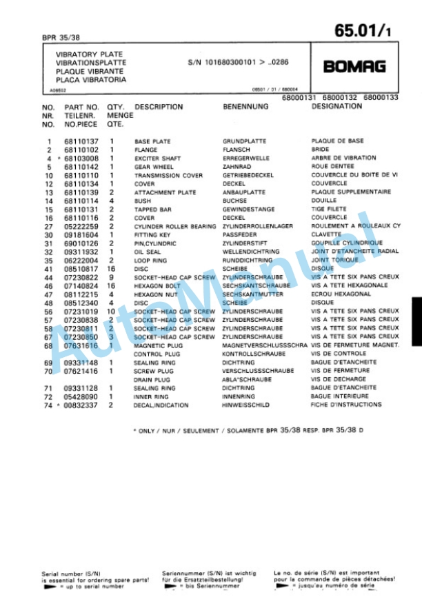 Bomag BPR 30-38, BPR 35-38 Vibratory Plate Compactor Spare Parts Catalogue 00813344-5