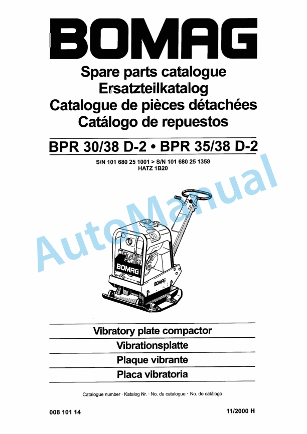 Bomag BPR 30-38 D-2, BPR 35-38 D-2 Vibratory Plate Compactor Spare Parts Catalogue 00810114