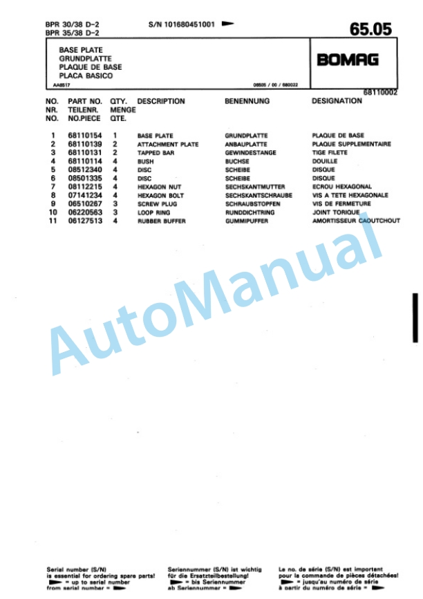 Bomag BPR 30-38 D-2, BPR 35-38 D-2 Vibratory Plate Compactor Spare Parts Catalogue 00810116-4