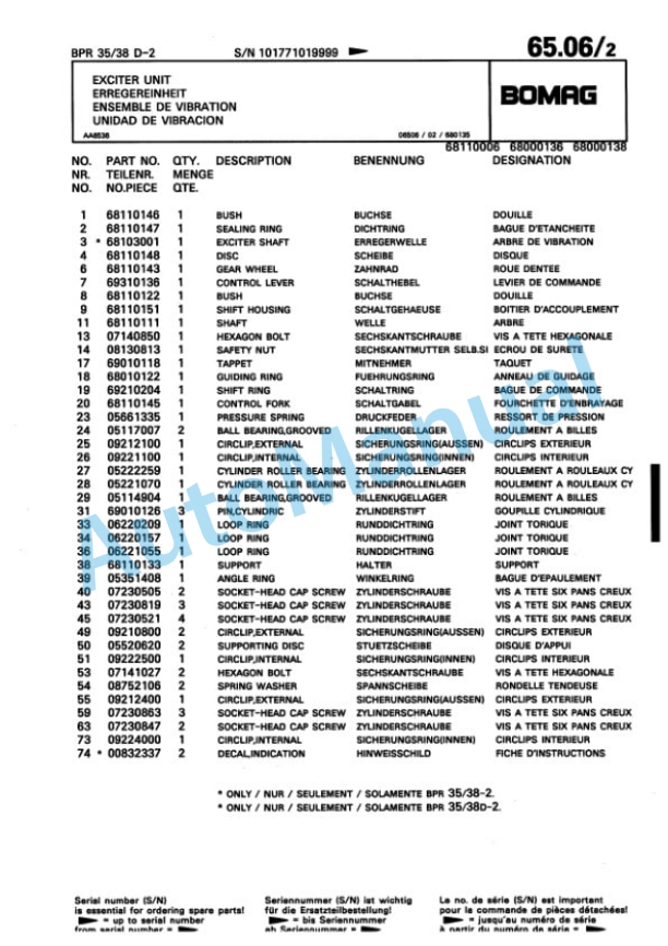 Bomag BPR 30-38 D-2, BPR 35-38 D-2 Vibratory Plate Compactor Spare Parts Catalogue 00810116-5