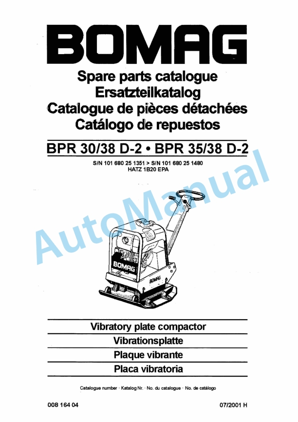 Bomag BPR 30-38 D-2, BPR 35-38 D-2 Vibratory Plate Compactor Spare Parts Catalogue 00816404