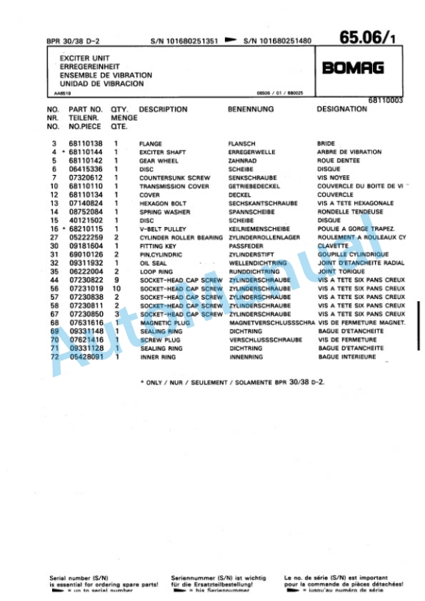 Bomag BPR 30-38 D-2, BPR 35-38 D-2 Vibratory Plate Compactor Spare Parts Catalogue 00816404-5