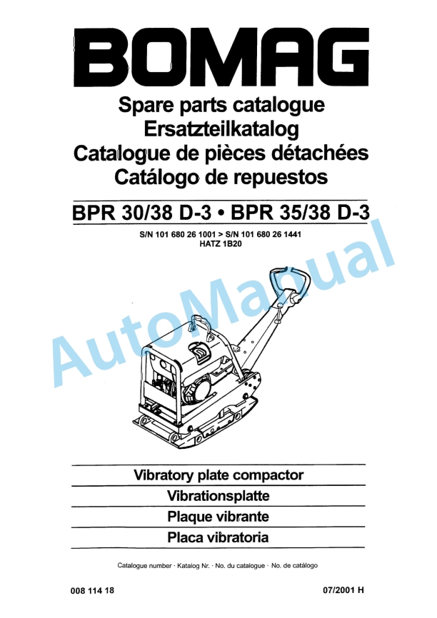 Bomag BPR 30-38 D-3, BPR 35-38 D-3 Vibratory Plate Compactor Spare Parts Catalogue 00811418