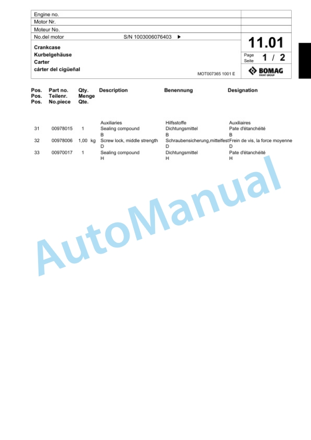 Bomag BPR 30-38 D-3 Vibratory Plate Compactor Spare Parts Catalogue 00817707-2