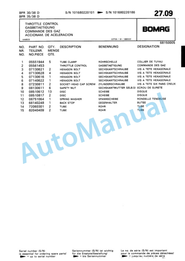 Bomag BPR 30-38 D, BPR 35-38 D Vibratory Plate Compactor Spare Parts Catalogue 00810210-2