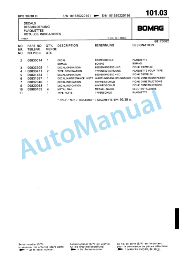 Bomag BPR 30-38 D, BPR 35-38 D Vibratory Plate Compactor Spare Parts Catalogue 00810210-4