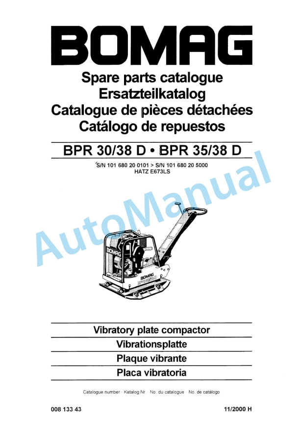 Bomag BPR 30-38 D, BPR 35-38 D Vibratory Plate Compactor Spare Parts Catalogue 00813343
