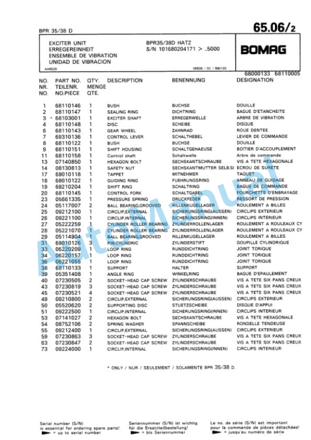 Bomag BPR 30-38 D, BPR 35-38 D Vibratory Plate Compactor Spare Parts Catalogue 00813343-5