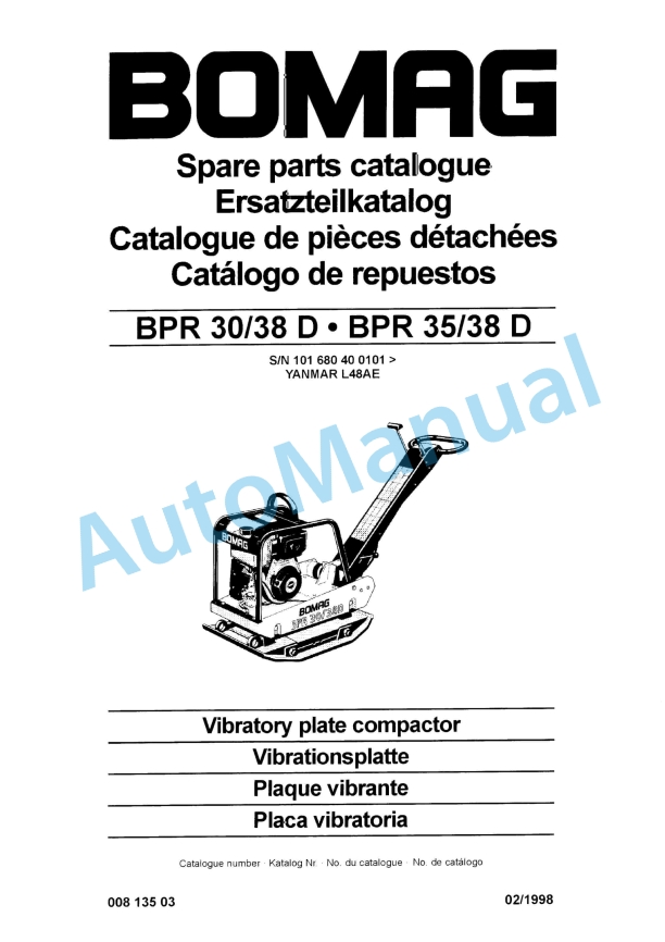 Bomag BPR 30-38 D, BPR 35-38 D Vibratory Plate Compactor Spare Parts Catalogue 00813503