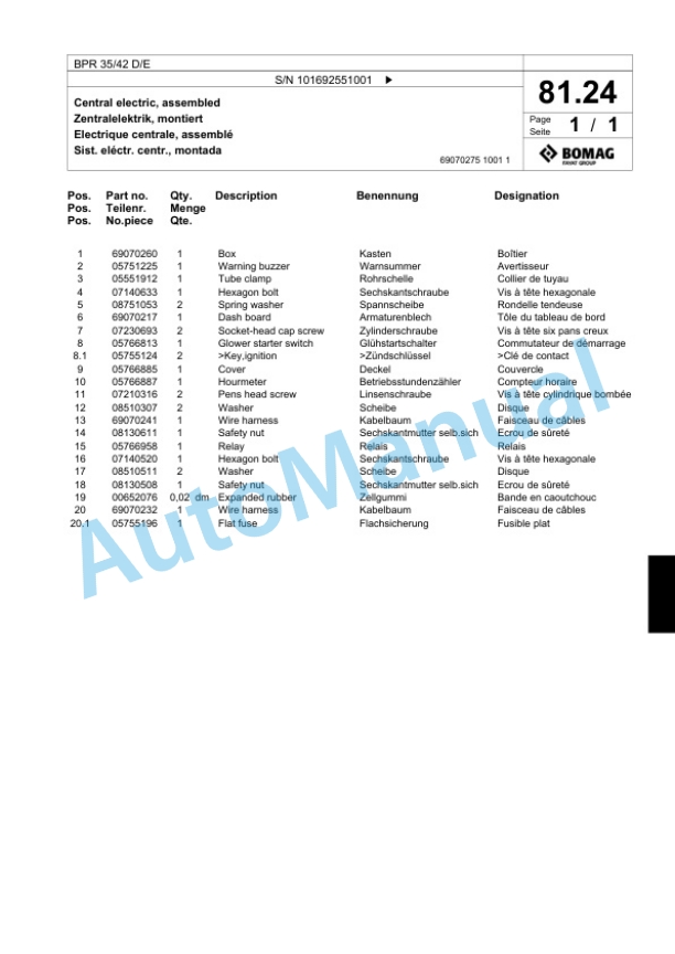 Bomag BPR 35-42 D-E Vibratory Plate Compactor Spare Parts Catalogue 00824313-5
