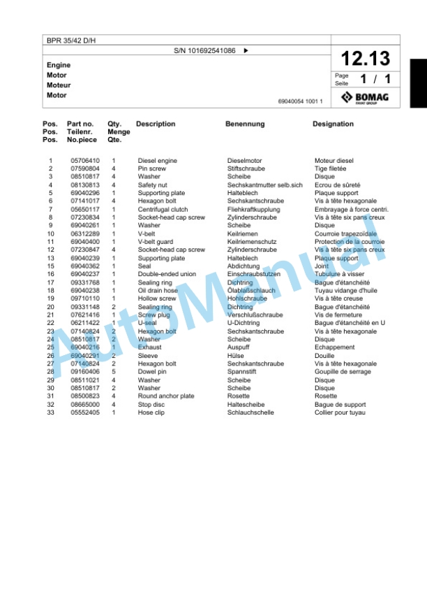 Bomag BPR 35-42 D-H Vibratory Plate Compactor Spare Parts Catalogue 00824311-2