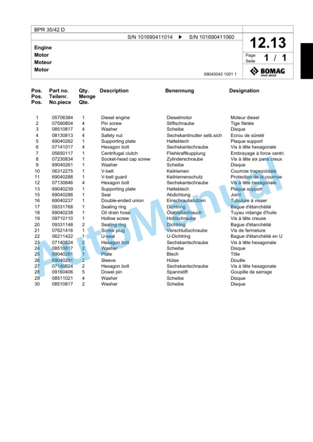Bomag BPR 35-42 D Vibratory Plate Compactor Spare Parts Catalogue 00818085-2