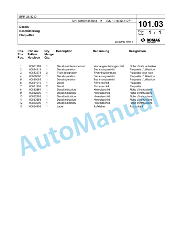 Bomag BPR 35-42 D Vibratory Plate Compactor Spare Parts Catalogue 00826513-5