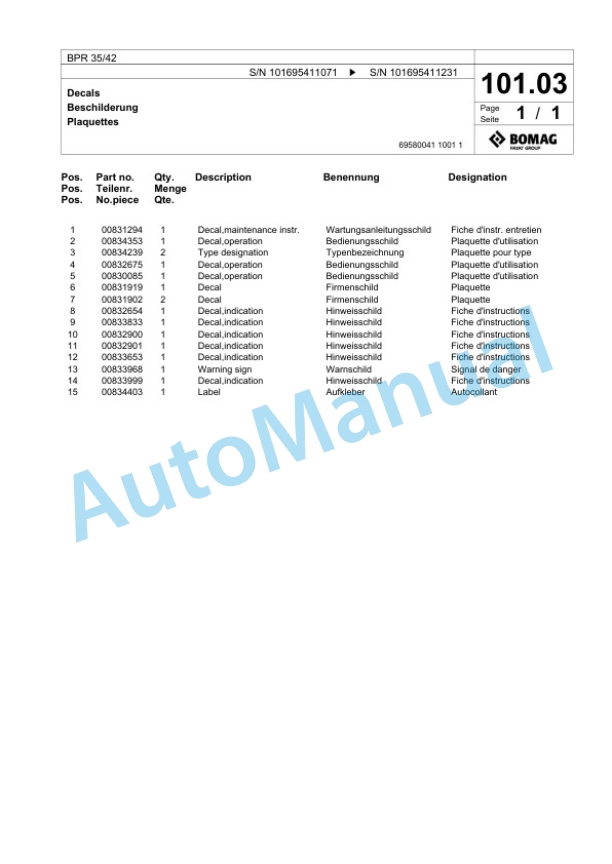 Bomag BPR 35-42 Vibratory Plate Compactor Spare Parts Catalogue 00826397-5