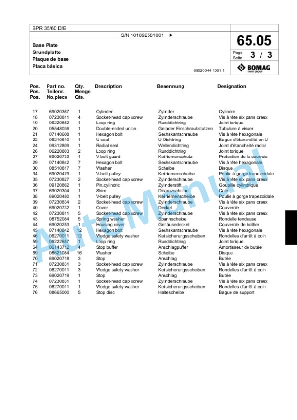 Bomag BPR 35-60 D-E Vibratory Plate Compactor Spare Parts Catalogue 00824319-4