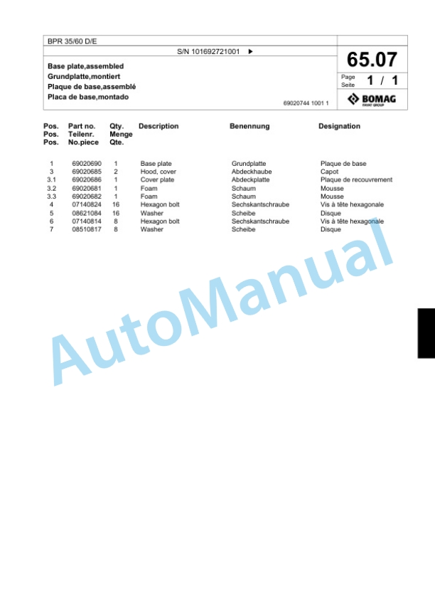 Bomag BPR 35-60 D-E Vibratory Plate Compactor Spare Parts Catalogue 00824373-4