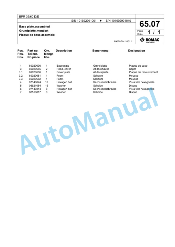 Bomag BPR 35-60 D-E Vibratory Plate Compactor Spare Parts Catalogue 00824773-3