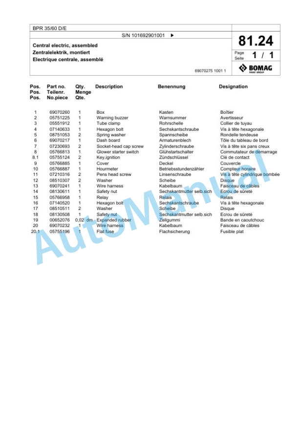 Bomag BPR 35-60 D-E Vibratory Plate Compactor Spare Parts Catalogue 00824773-4