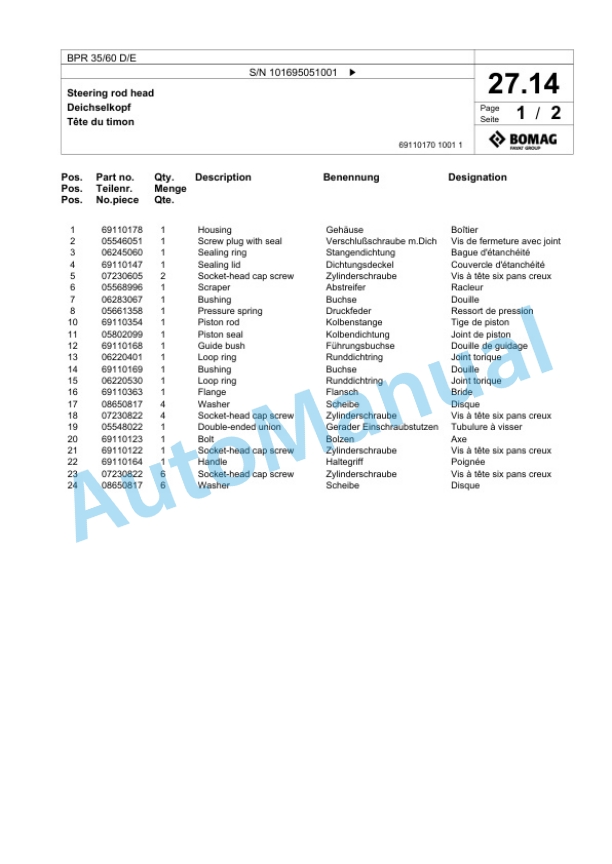 Bomag BPR 35-60 D-E Vibratory Plate Compactor Spare Parts Catalogue 00825533-2