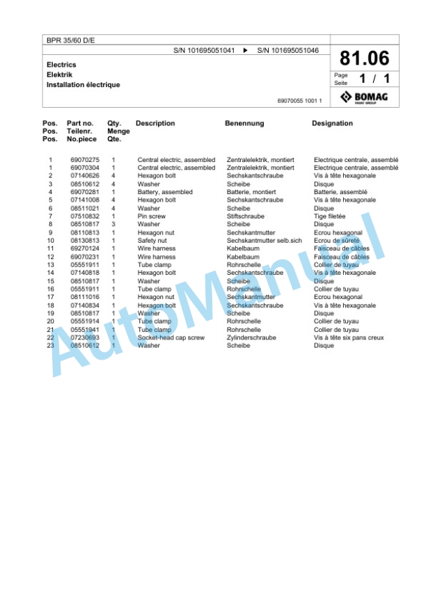 Bomag BPR 35-60 D-E Vibratory Plate Compactor Spare Parts Catalogue 00825533-4