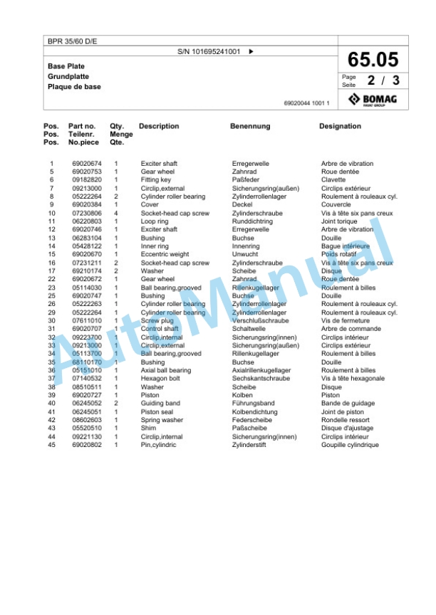 Bomag BPR 35-60 D-E Vibratory Plate Compactor Spare Parts Catalogue 00825785-3