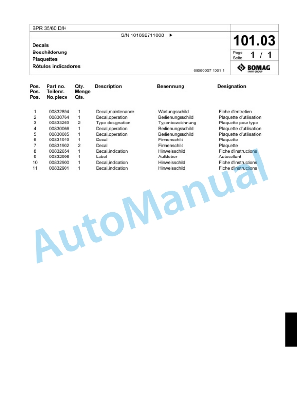 Bomag BPR 35-60 D-H Vibratory Plate Compactor Spare Parts Catalogue 00824371-5