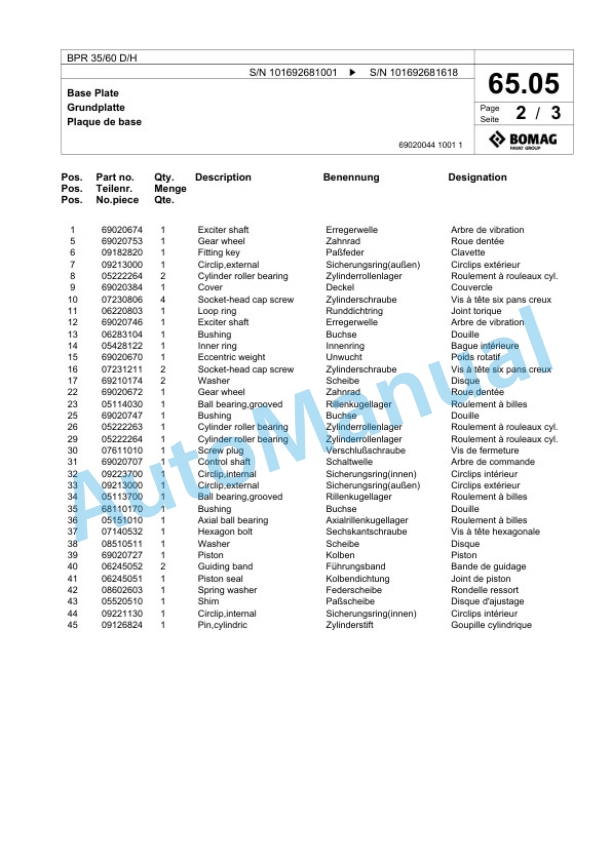 Bomag BPR 35-60 D-H Vibratory Plate Compactor Spare Parts Catalogue 00824769-3