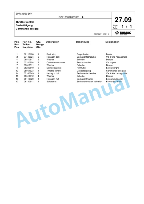 Bomag BPR 35-60 D-H Vibratory Plate Compactor Spare Parts Catalogue 00824791-2