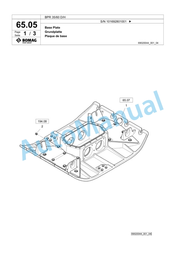 Bomag BPR 35-60 D-H Vibratory Plate Compactor Spare Parts Catalogue 00824791-3