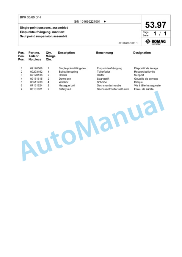 Bomag BPR 35-60 D-H Vibratory Plate Compactor Spare Parts Catalogue 00825783-3