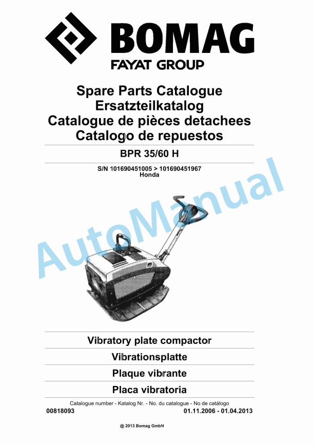 Bomag BPR 35-60 H Vibratory Plate Compactor Spare Parts Catalogue 00818093