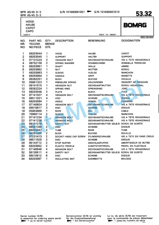 Bomag BPR 40-45 D-3, BPR 45-45 D-3 Vibratory Plate Compactor Spare Parts Catalogue 00811420-3