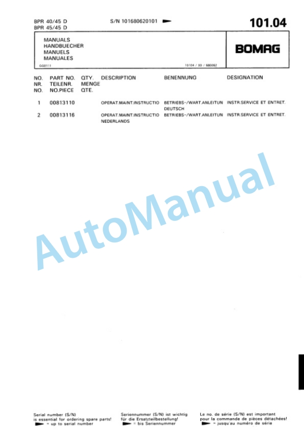 Bomag BPR 40-45 D, BPR 45-45 D Vibratory Plate Compactor Spare Parts Catalogue 00810215-5