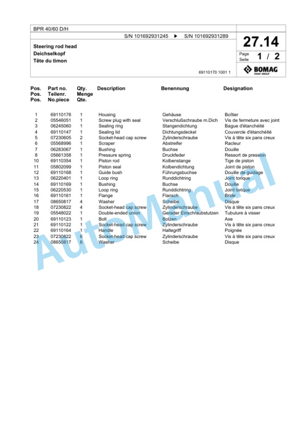 Bomag BPR 40-60 D-H Vibratory Plate Compactor Spare Parts Catalogue 00824895-2