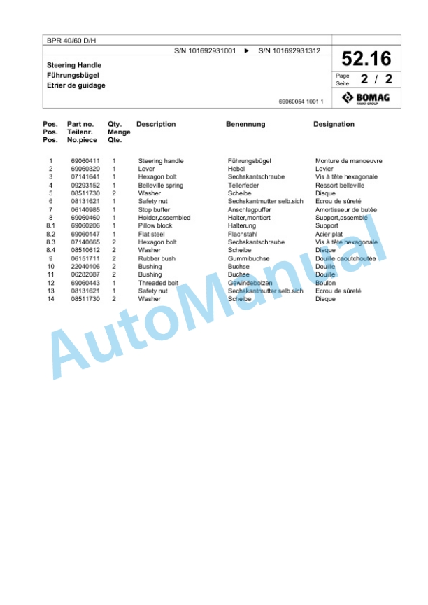 Bomag BPR 40-60 D-H Vibratory Plate Compactor Spare Parts Catalogue 00824895-3