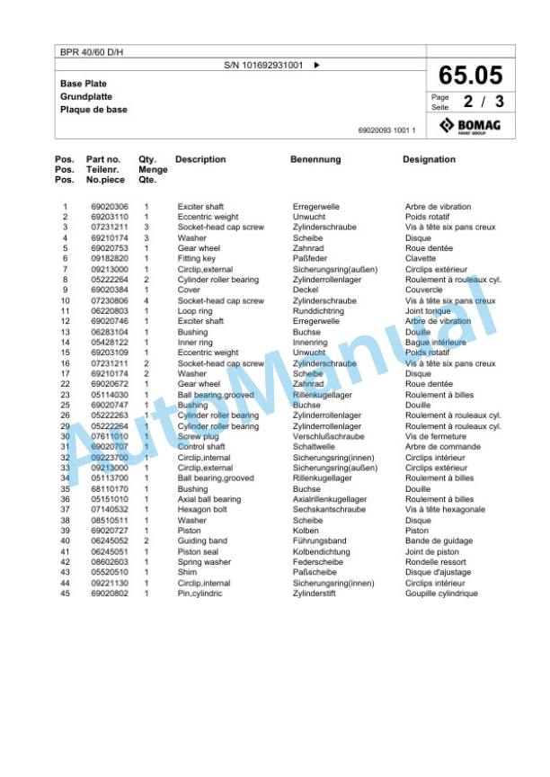 Bomag BPR 40-60 D-H Vibratory Plate Compactor Spare Parts Catalogue 00824895-4