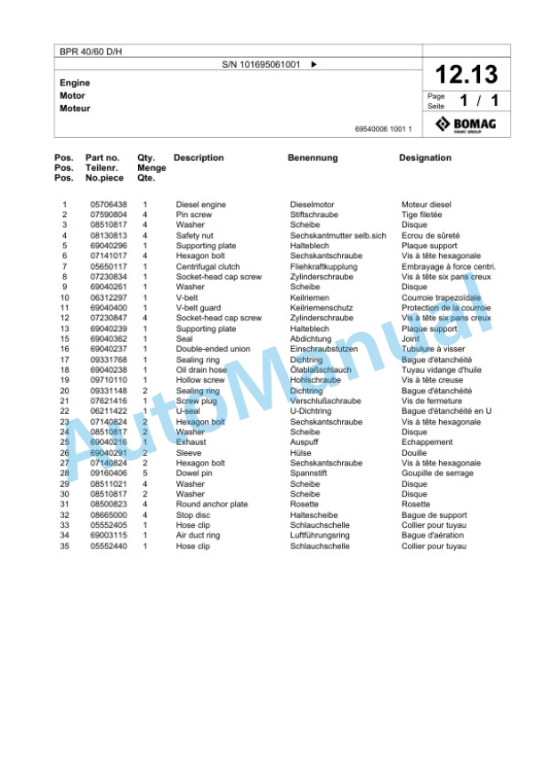Bomag BPR 40-60 D-H Vibratory Plate Compactor Spare Parts Catalogue 00825543-2