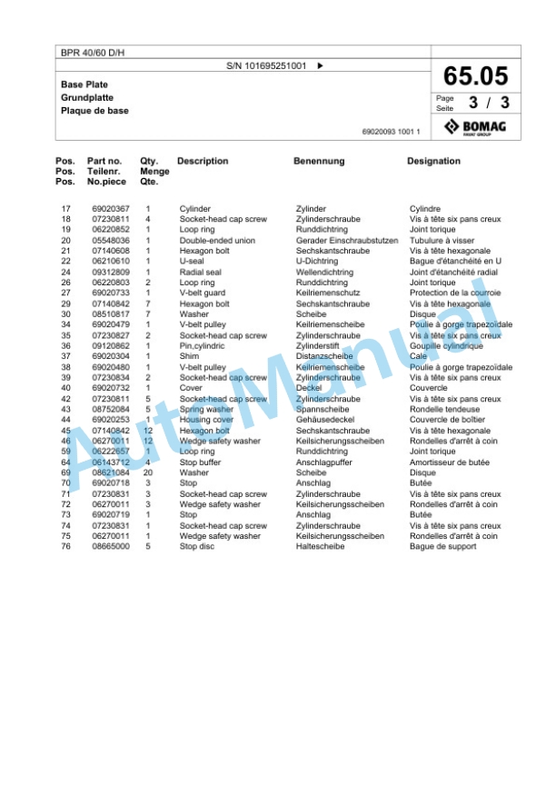 Bomag BPR 40-60 D-H Vibratory Plate Compactor Spare Parts Catalogue 00825809-5