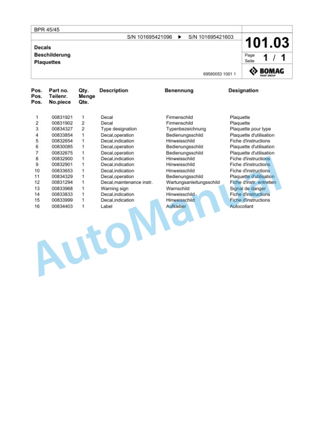 Bomag BPR 45-45 Vibratory Plate Compactor Spare Parts Catalogue 00826547-5
