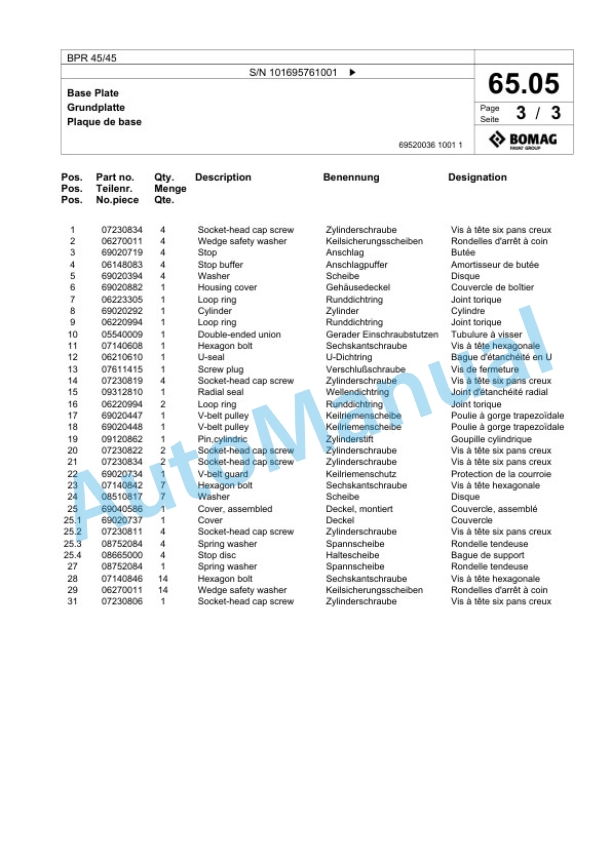 Bomag BPR 45-45 Vibratory Plate Compactor Spare Parts Catalogue 00826991-3