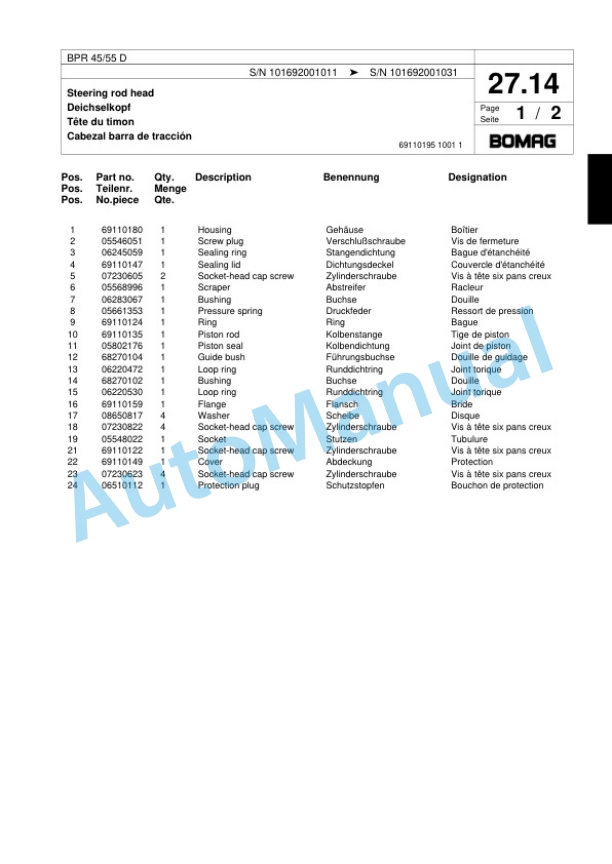 Bomag BPR 45-55 D Vibratory Plate Compactor Spare Parts Catalogue 00817975-2