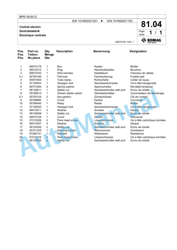 Bomag BPR 45-55 D Vibratory Plate Compactor Spare Parts Catalogue 00817979-5