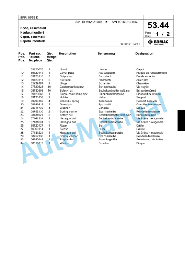 Bomag BPR 45-55 D Vibratory Plate Compactor Spare Parts Catalogue 00818491-3