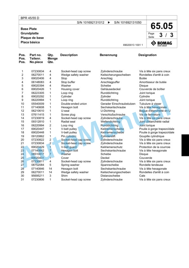 Bomag BPR 45-55 D Vibratory Plate Compactor Spare Parts Catalogue 00818491-5