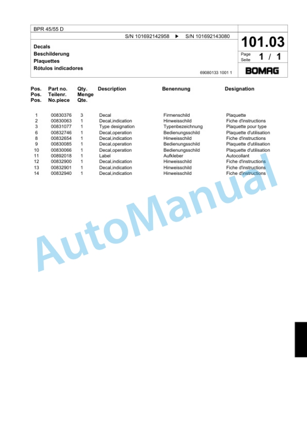 Bomag BPR 45-55 D Vibratory Plate Compactor Spare Parts Catalogue 00818765-4