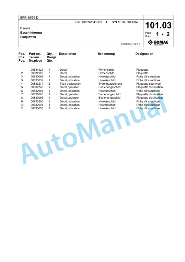 Bomag BPR 45-55 D Vibratory Plate Compactor Spare Parts Catalogue 00825007-5