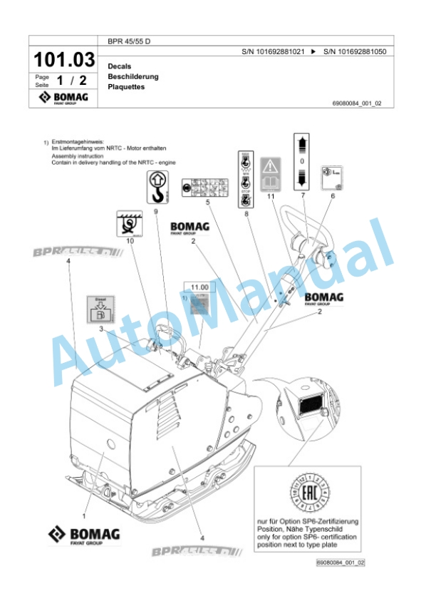 Bomag BPR 45-55 D Vibratory Plate Compactor Spare Parts Catalogue 00825015-5