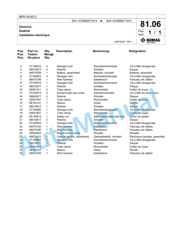 Bomag BPR 45-55 D Vibratory Plate Compactor Spare Parts Catalogue 00825803-3