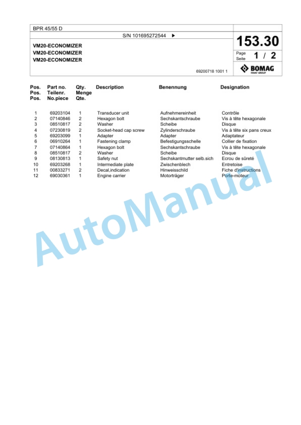 Bomag BPR 45-55 D Vibratory Plate Compactor Spare Parts Catalogue 00825803-5
